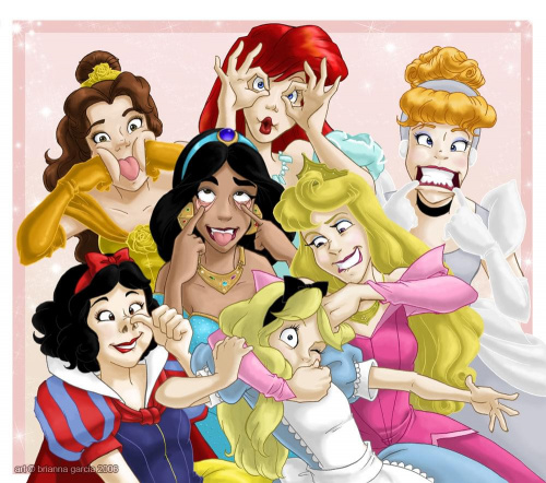 Piękna Bella, syrenka Ariel, Alicja z krainy czarów, Kopciuszek, Królewna Śnieżka, Jasmin i chyba śpiąca królewna xD