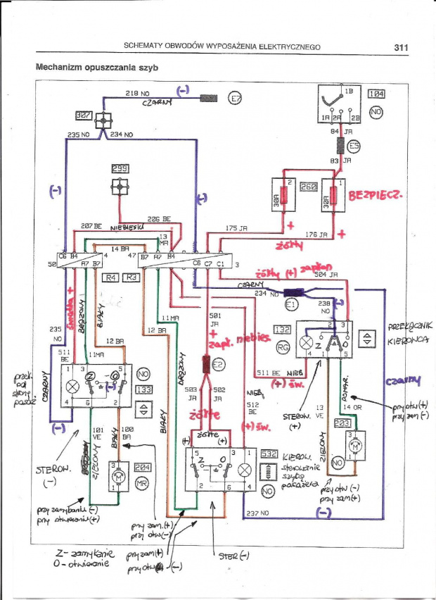 Schemat elektryczny Renault 19 sterowanie szybami