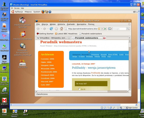 VirtualBox - Ubuntu uruchomiony w środowisku Windows XP