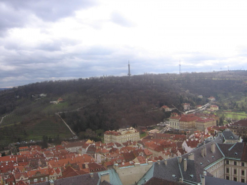 Zdjęcie kolegi- widok z jednej z wież katedry św. Wita. Wzgórze Petrin na którym mieszkaliśmy oraz widoczny na nim punkt widokowy wzorowany na Wieży Eiffla #Praga