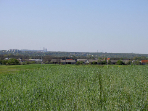 Widok na wioskę, w tle pobliskie miasto