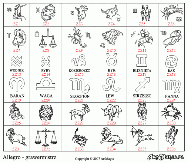 Cliparty Z-zodiaku - grawerowane gadzety - niesmiertelniki, breloki, wizytowki itp. www.artmagic.pl