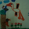 rysunki bocianów wykonane przez dzieci z przedszkola integracyjnego w Łodzi, po oglądaniu bocianów w internecie